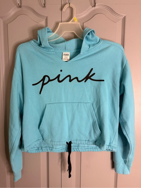 PINK Victoria's Secret Sweaters - PINK Victoria's Secret Light Blue Hoodie with Black Script